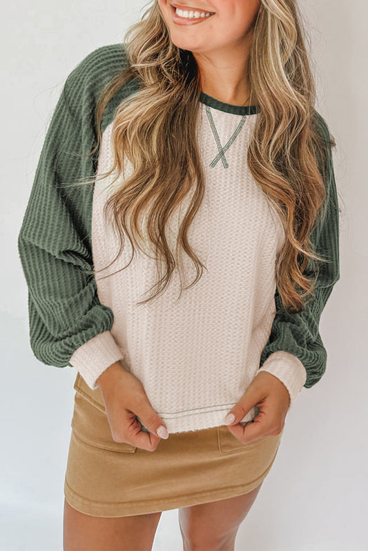 Waffle Knit Color Block Long Sleeve Top