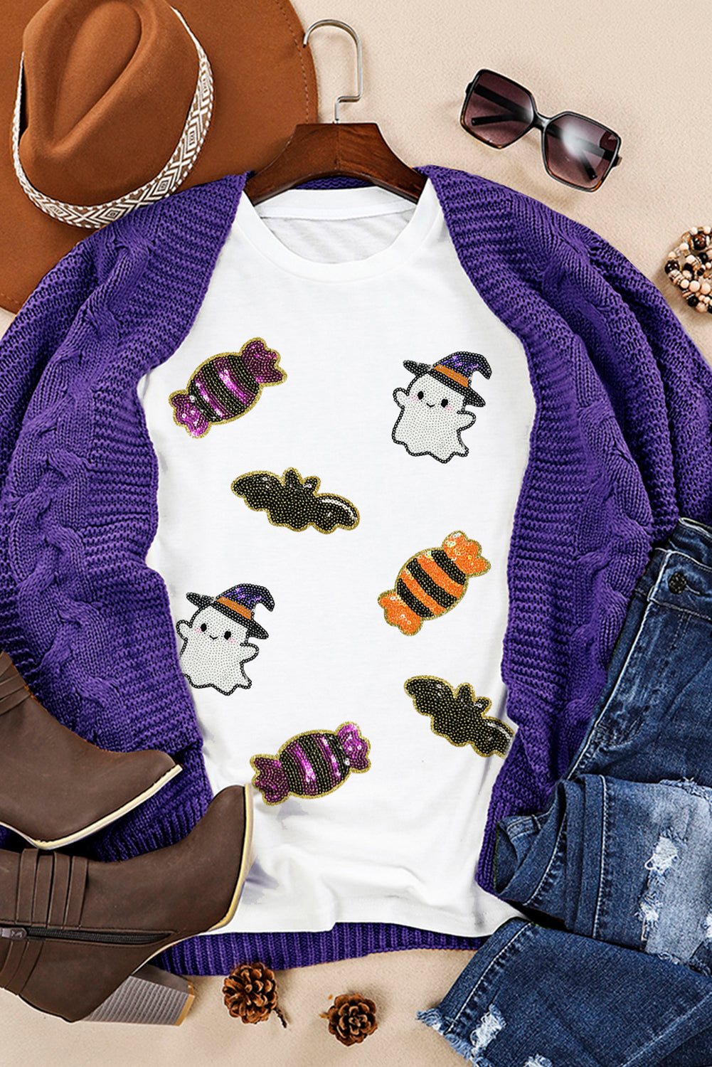 White Sequin Halloween Ghost Candy Graphic Tee