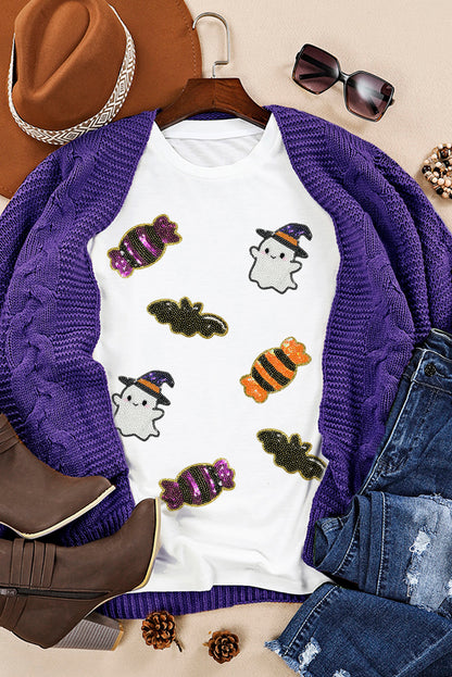 White Sequin Halloween Ghost Candy Graphic Tee