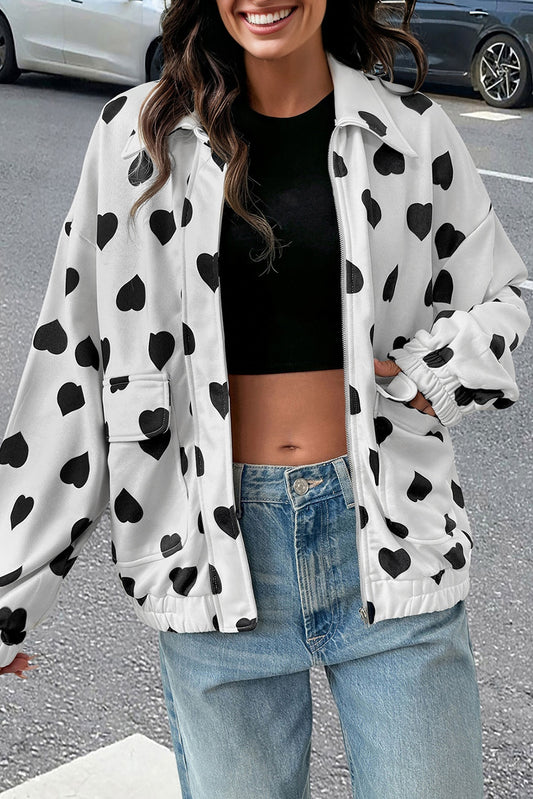 Oversized Heart Print Street Style Zip Jacket