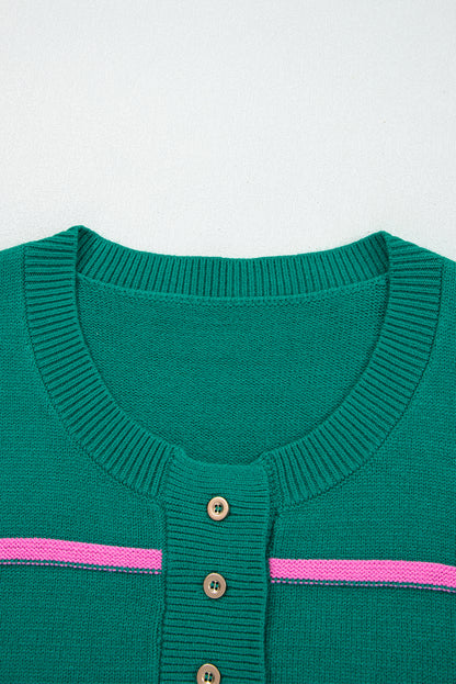 Stripe Half Button Drop Shoulder Plus Size Sweater
