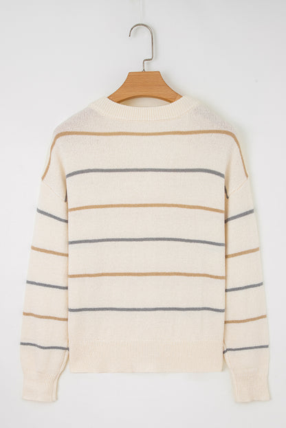 Striped Buttoned Front V Neck Drop Shoulder Cardigan Sweater