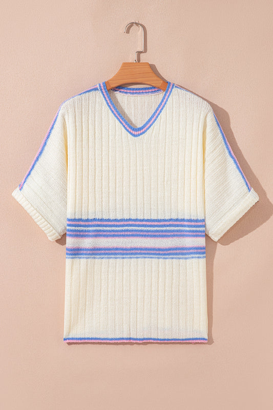 V Neck Dolman Sleeve Rib Knit Oversized Sweater with Slits