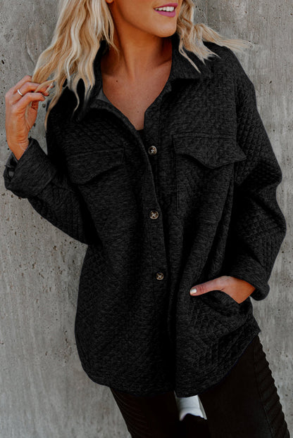 Quilted Button Shacket with Flap Pockets for Women