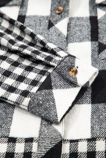 Casual Plaid Hoodie Drawstring Button Shacket