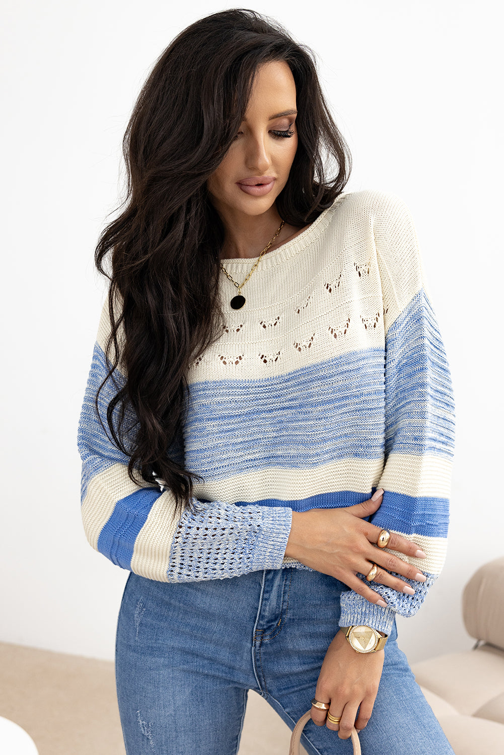 Open Stitch Color Block Puff Sleeve Sweater