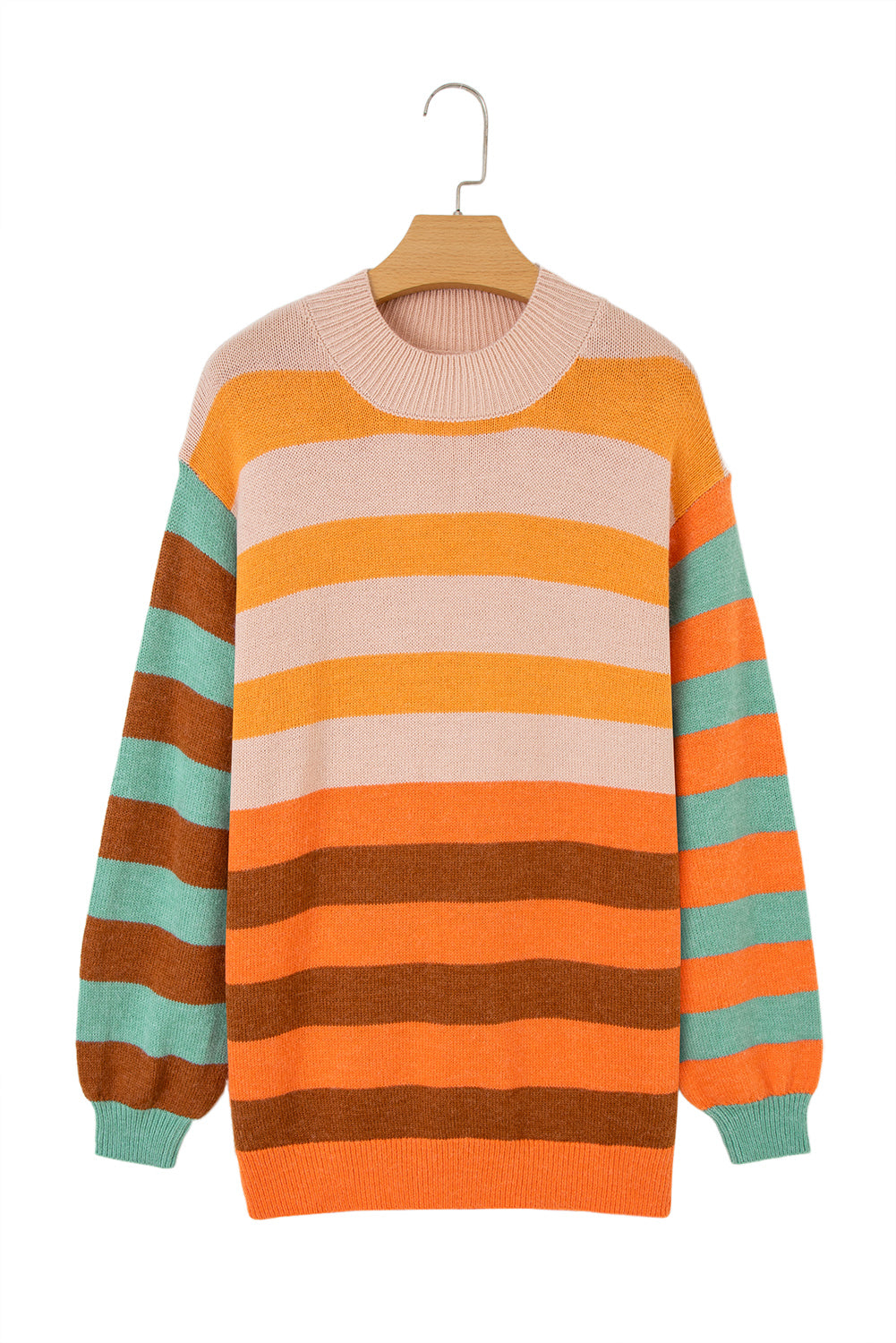 Stripe Color Block High Neck Drop Shoulder Cozy Sweater
