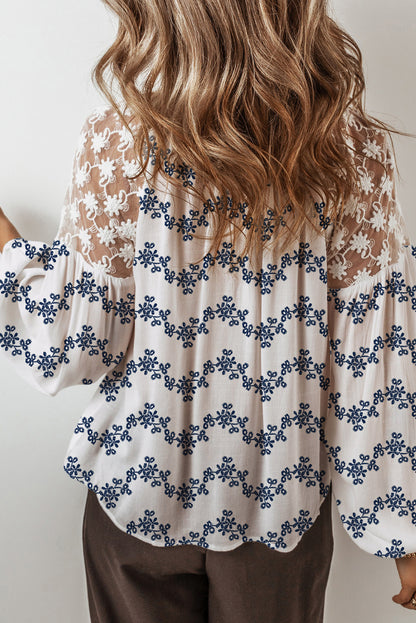 Lace Patchwork Embroidered Split Neck Fall Blouse