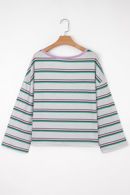 Purple Stripe Oversize Drop Shoulder Long Sleeve Casual Top
