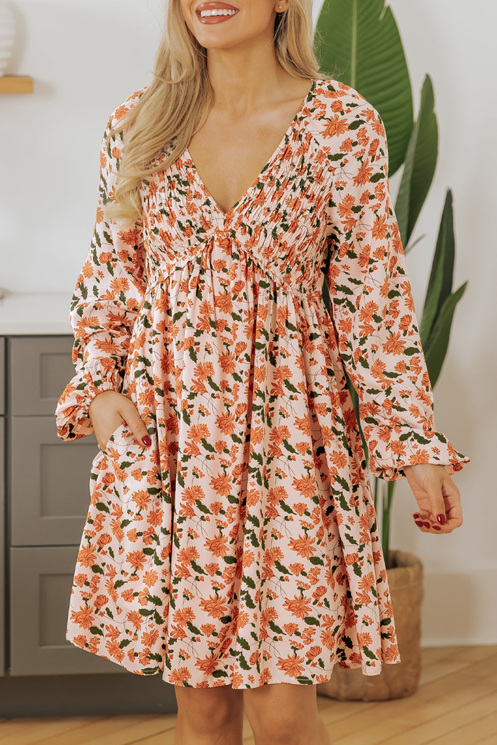 Floral V Neck Smocked Bust Bubble Sleeve Mini Dress