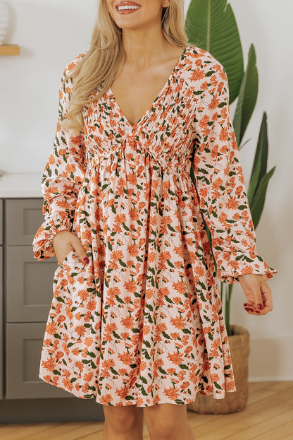 Floral V Neck Smocked Bust Bubble Sleeve Mini Dress