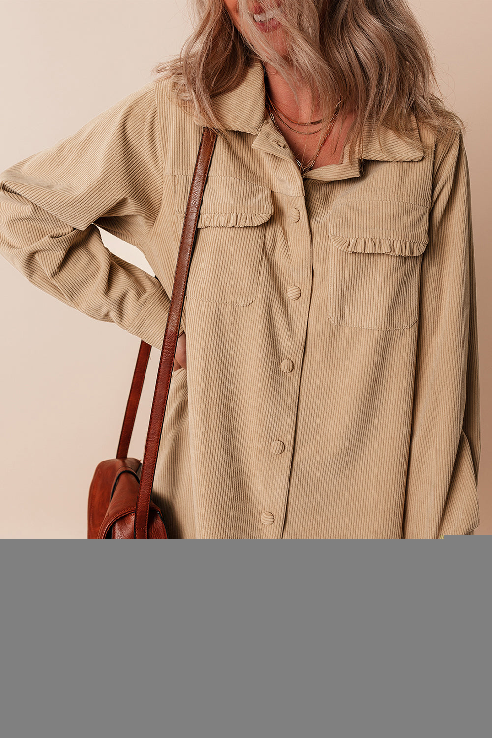 Light French Solid Frilled Flap Pocket Button Up Corduroy Shacket