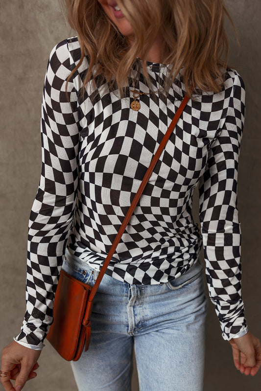 Checkered Pattern Mesh Mock Neck Top