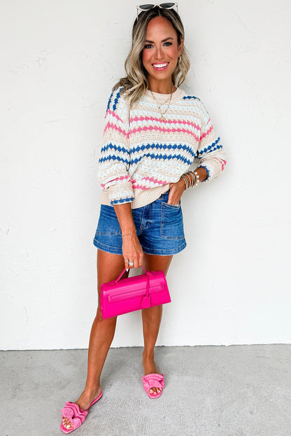 Stripe Eyelet Patterned Drop Shoulder Sweater