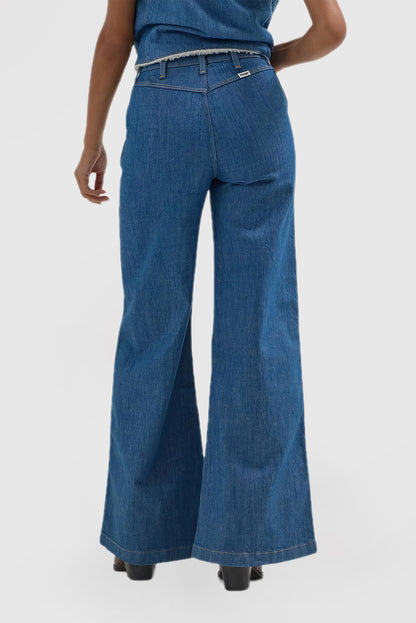 Blue High Waisted Women's Jeans Fitted Wide Leg Pants