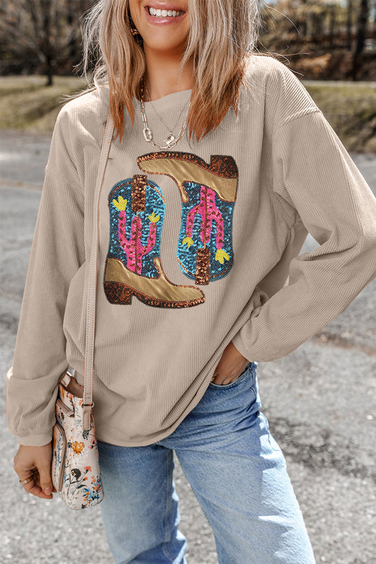 Western Cowboy Boots Graphic Corded Loose Sweatshirt