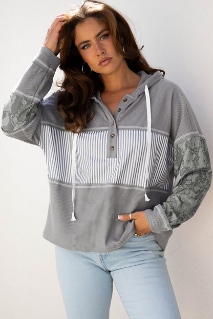 Waffle Patchwork Stripe Print Hooded Long Sleeve Top