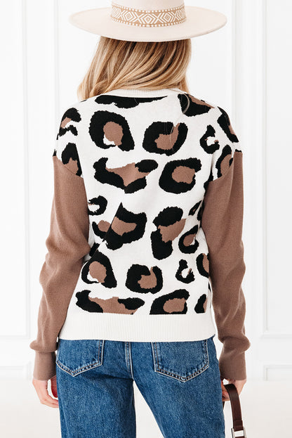 Stream Leopard Print Color Block Patchwork V Neck Sweater