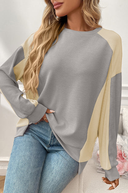 Colorblock Waffle Knit Crewneck Long Sleeve Top