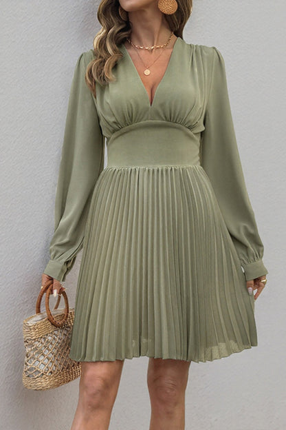 Vintage V Neck Pleated Long Sleeve Mini Dress