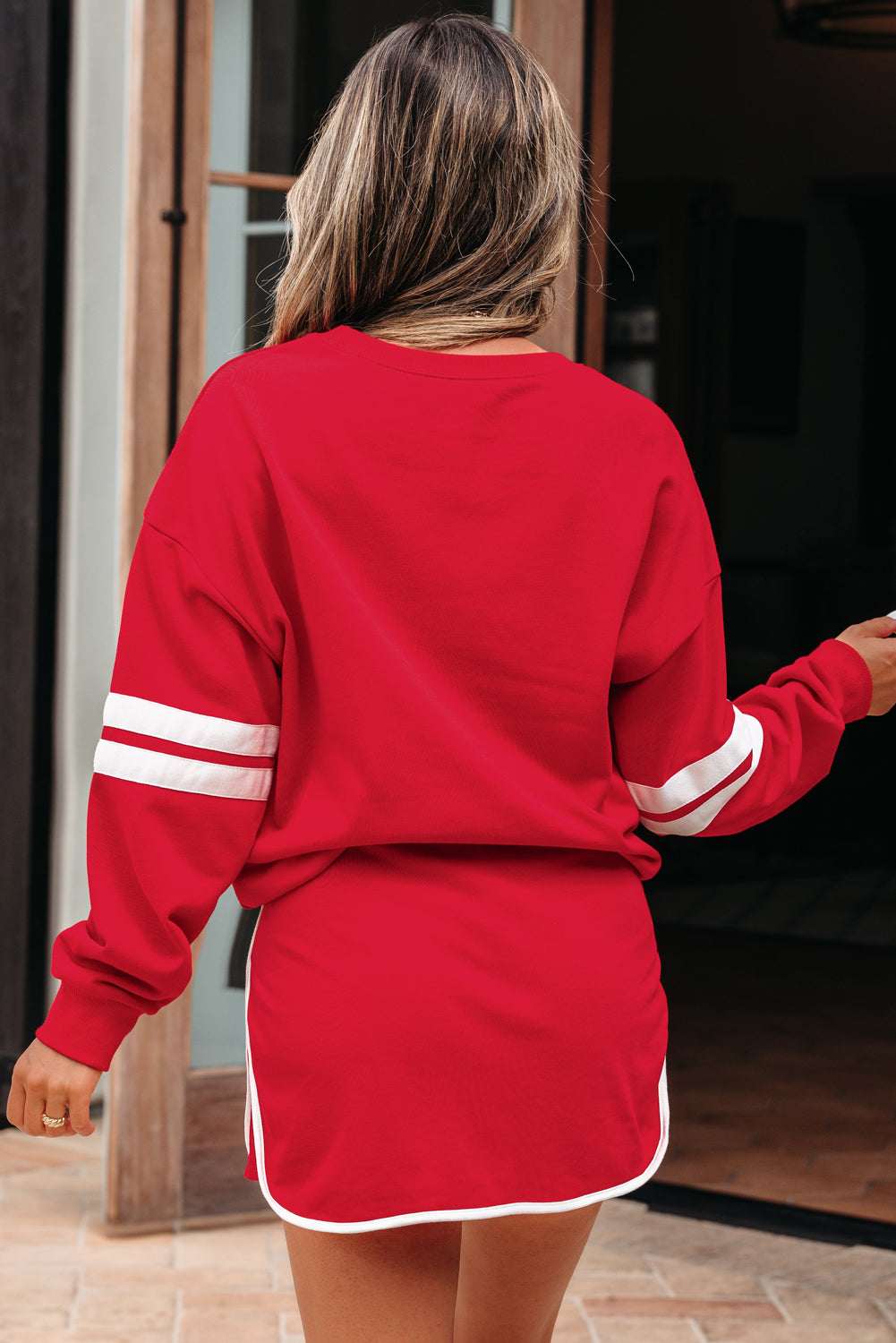 Varsity Stripe Pullover and Mini Skirt Two Piece Set
