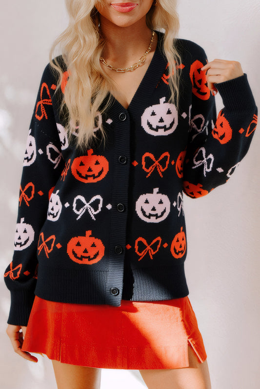 Black Halloween Pumpkin Bow Knit V Neck Cardigan