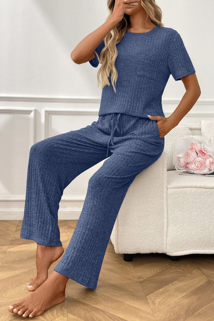 Women’s Casual Ribbed Pajama Set, Short Sleeve Pants