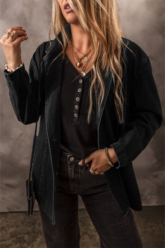 Black Denim Jacket with Lapel Collar and Side Pockets