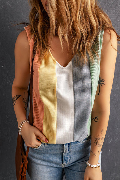 Multicolor Colorblocking V-Neck Waffle Knit Tank Top