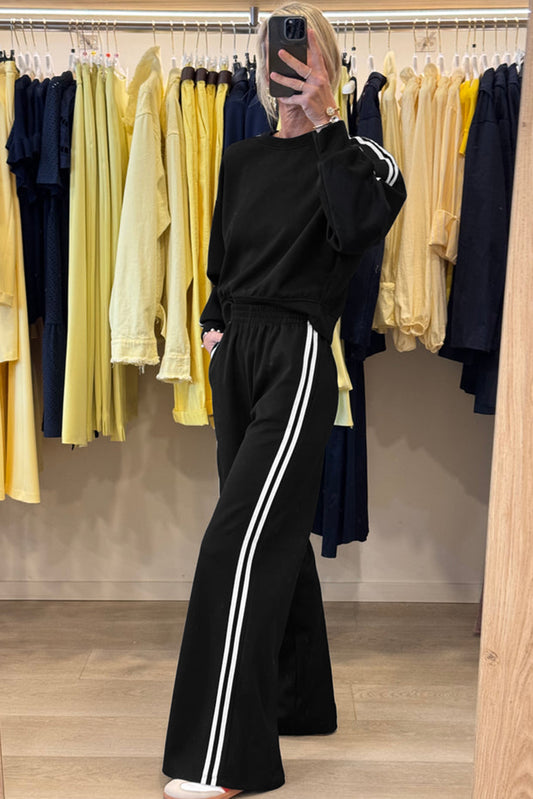 Varsity Striped Detail Crewneck Pullover Elastic Sweatpants 2pcs Outfit