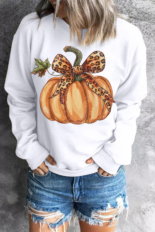 Beige Leopard Bowknot Pumpkin Graphic Sweatshirt