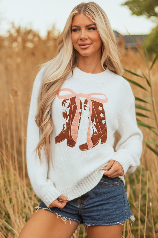 Western Boots Embroidered Bow Knit Sweater