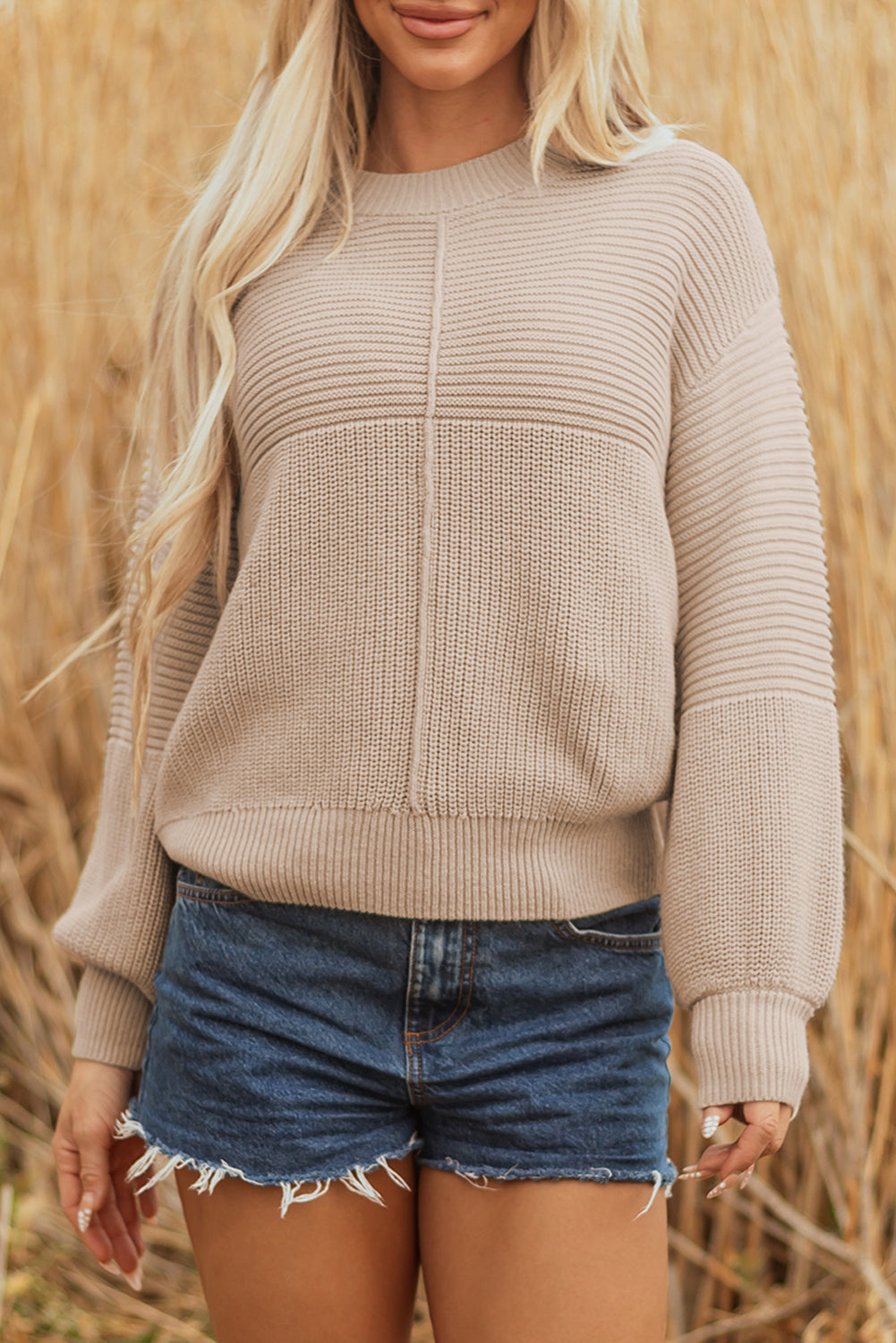 Parchment Knit Round Neck Puff Sleeve Sweater