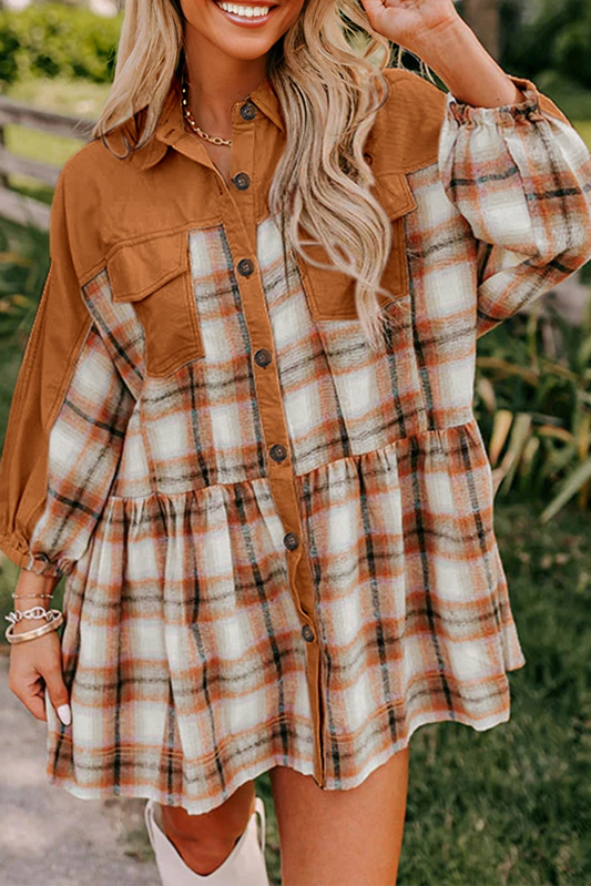 Plaid Color Block Button Up Tunic Shirt Dress