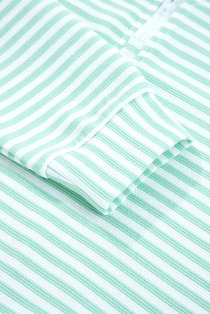 Stripe Quarter Zip Collar Pullover Long Sleeve Top