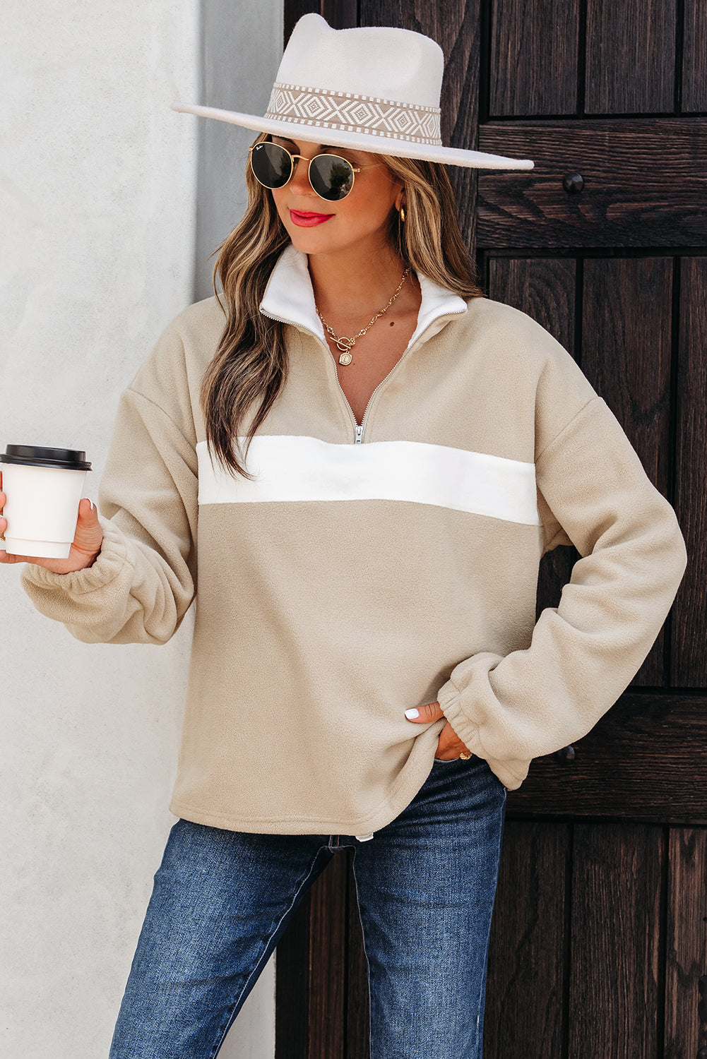 Parchment Fleece Colorblock Zipped Neck Pullover Sweatshirt