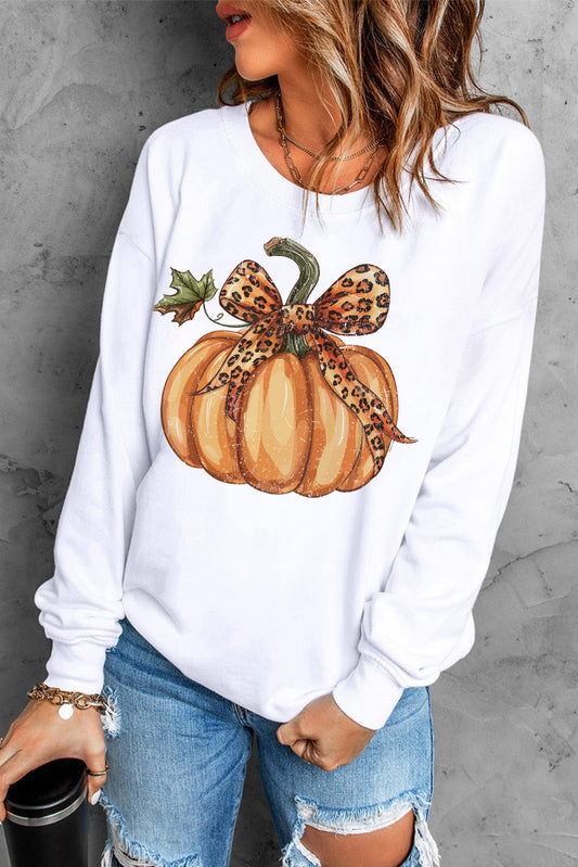 Beige Leopard Bowknot Pumpkin Graphic Sweatshirt