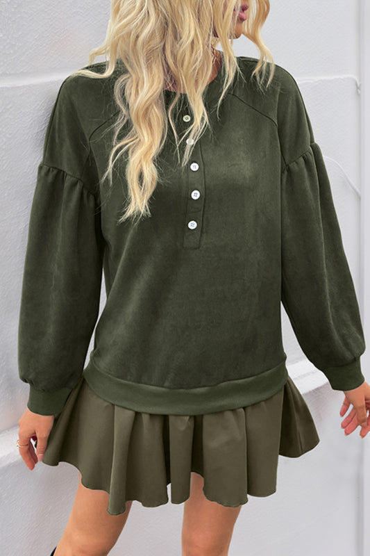 Sweet Puff Sleeve Sweatshirt Dress with Ruffle Hem