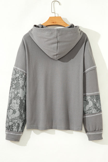 Waffle Patchwork Stripe Print Hooded Long Sleeve Top