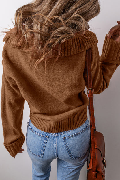 Collared V Neck Ribbed Edge Elegant Sweater