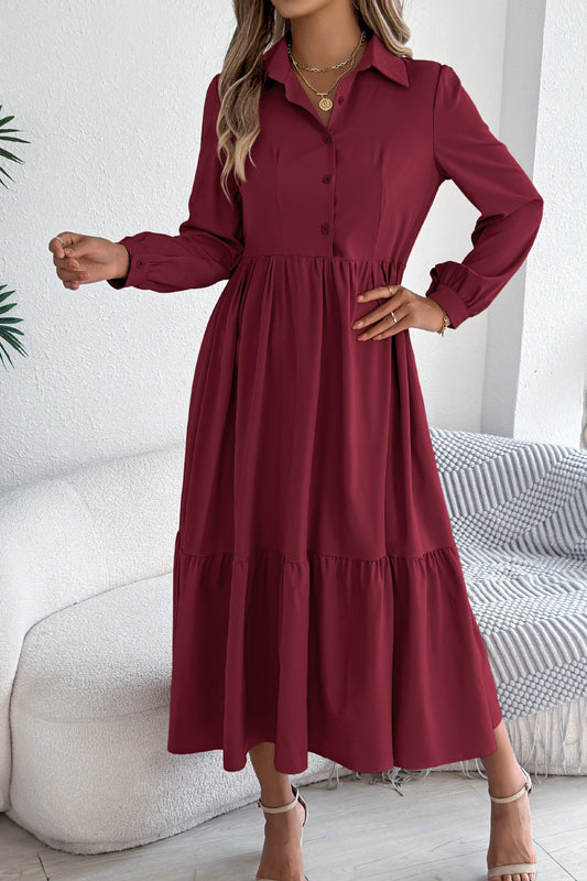 Long Sleeve Collared Ruffle Hem Shirt Midi Dress