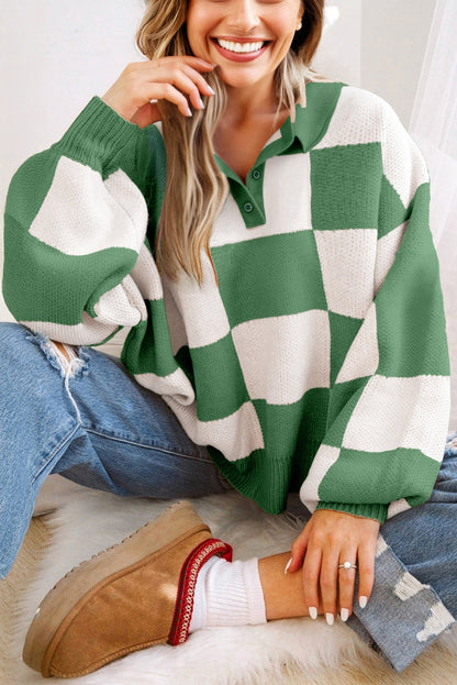 Checkered Pattern Polo Collar Loose Knit Sweater
