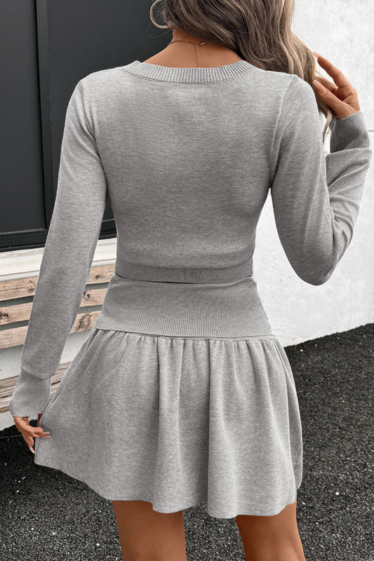 2 Piece Ribbed Knit Crop Top and Skater Skirt Set