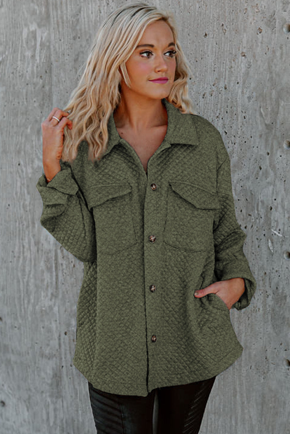 Quilted Button Shacket with Flap Pockets for Women