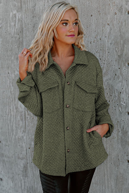 Quilted Button Shacket with Flap Pockets for Women