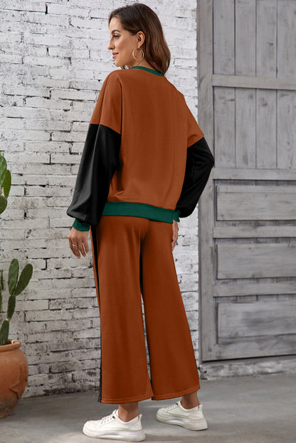 2pcs Color Block Casual Pullover Pant Set