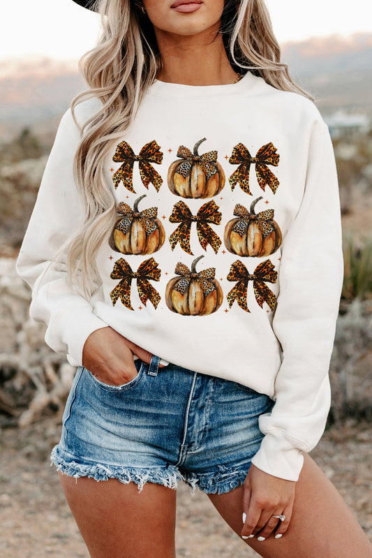 Beige Pumpkin Leopard Bow Knot Print Sweatshirt