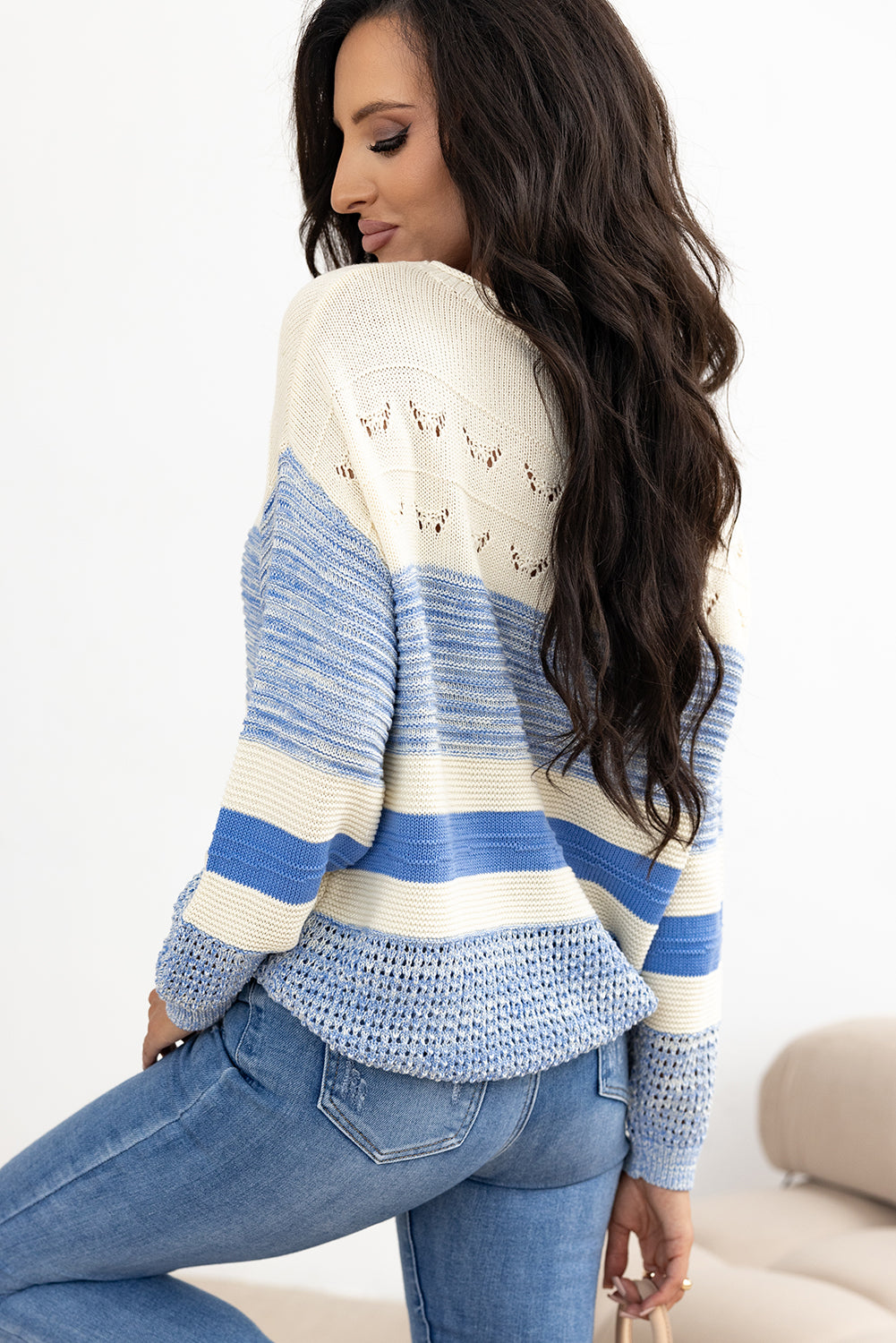 Open Stitch Color Block Puff Sleeve Sweater