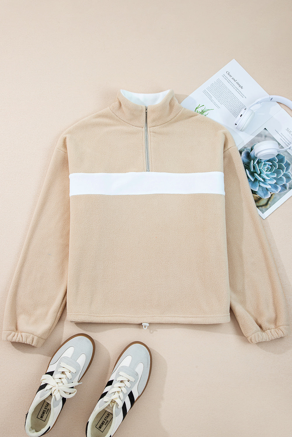 Parchment Fleece Colorblock Zipped Neck Pullover Sweatshirt