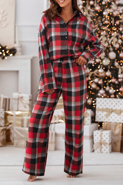 Christmas Plaid Button Up Top and High Waist Pants Set